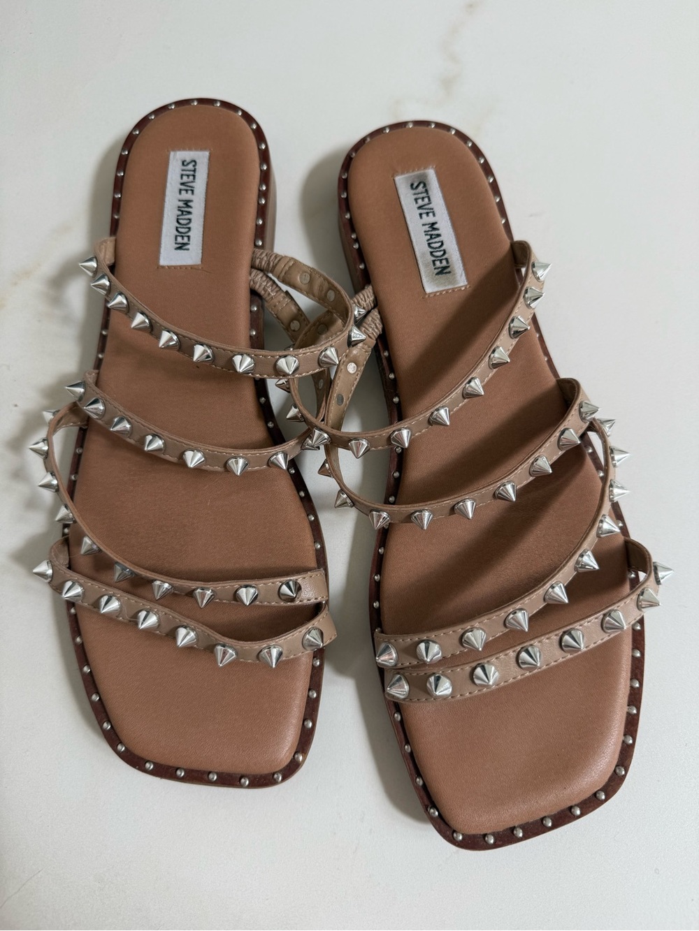 Steve Madden Tan Studded Multi-Strap Slide Sandals - Size 10 - EUC!
